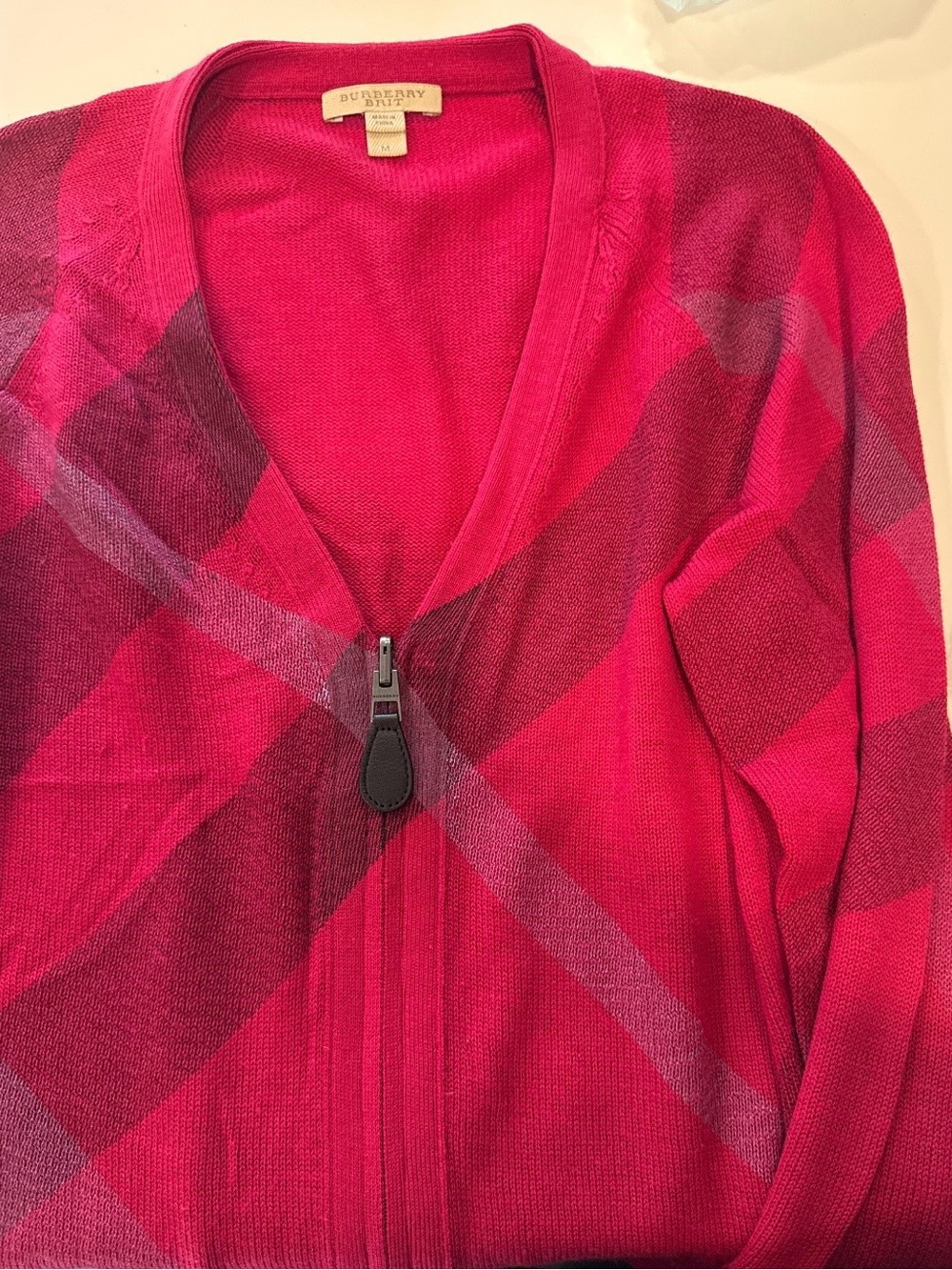 Burberry Brit Red Pink Nova Check Zip-Up Cardigan Sweater,